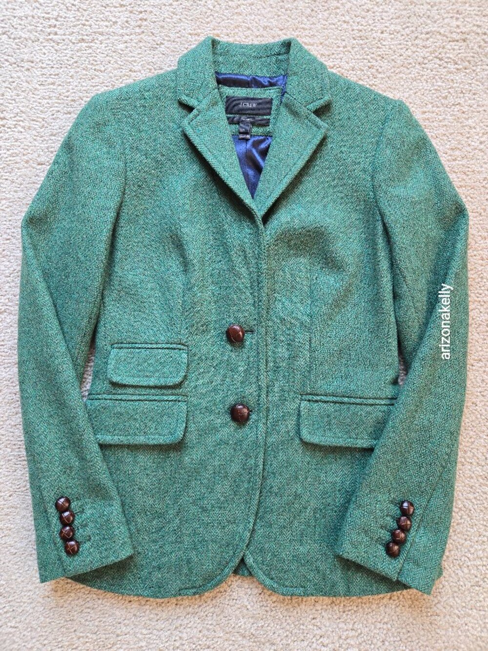 NWOT J. Crew Hacking Blazer Jacket 100% Wool Herringbone Green Leather Buttons 0